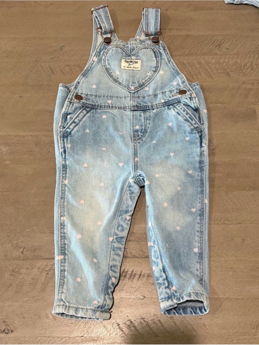 OshKosh Heart Patch Denim Overalls - Light Blue with Pink Hearts